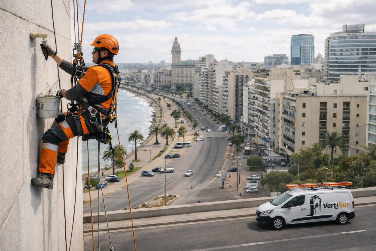 Técnicos de VertiSur trabajando con cuerdas en fachada
