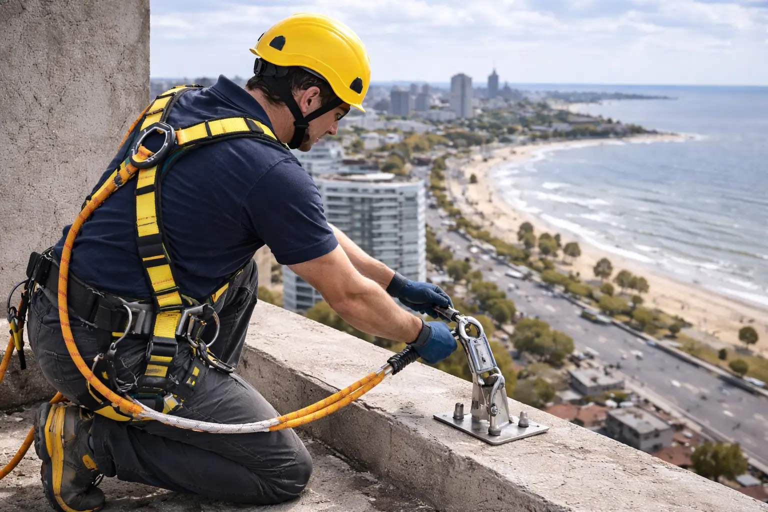 Trabajador en altura con equipo de protección completo