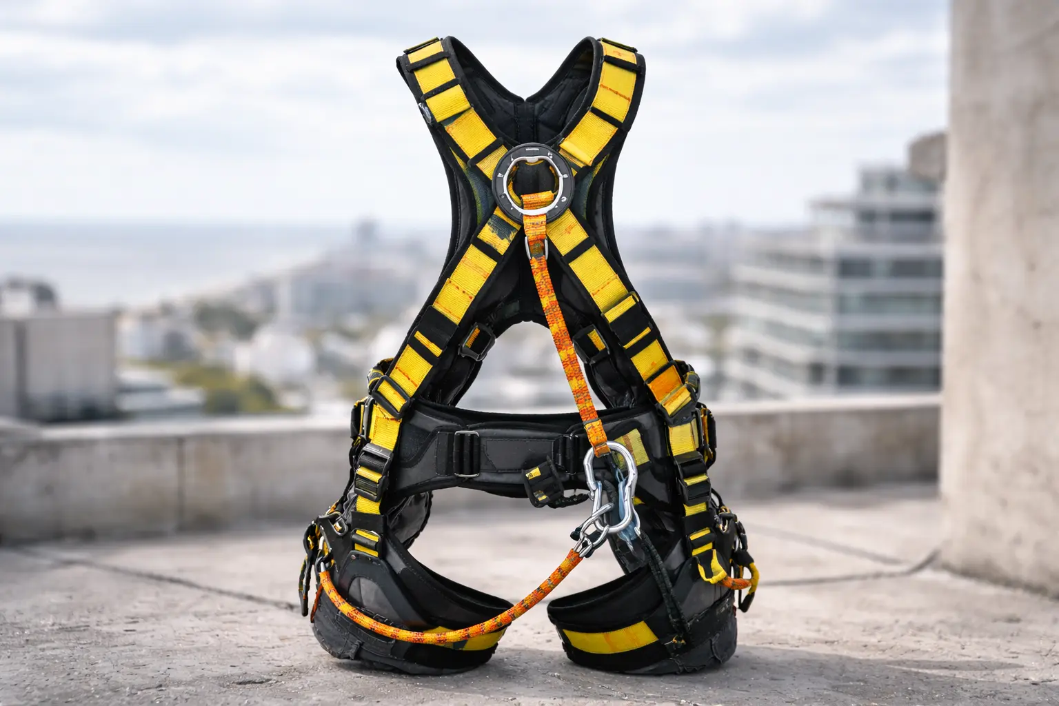 Arnés de seguridad colocado correctamente en un trabajador
