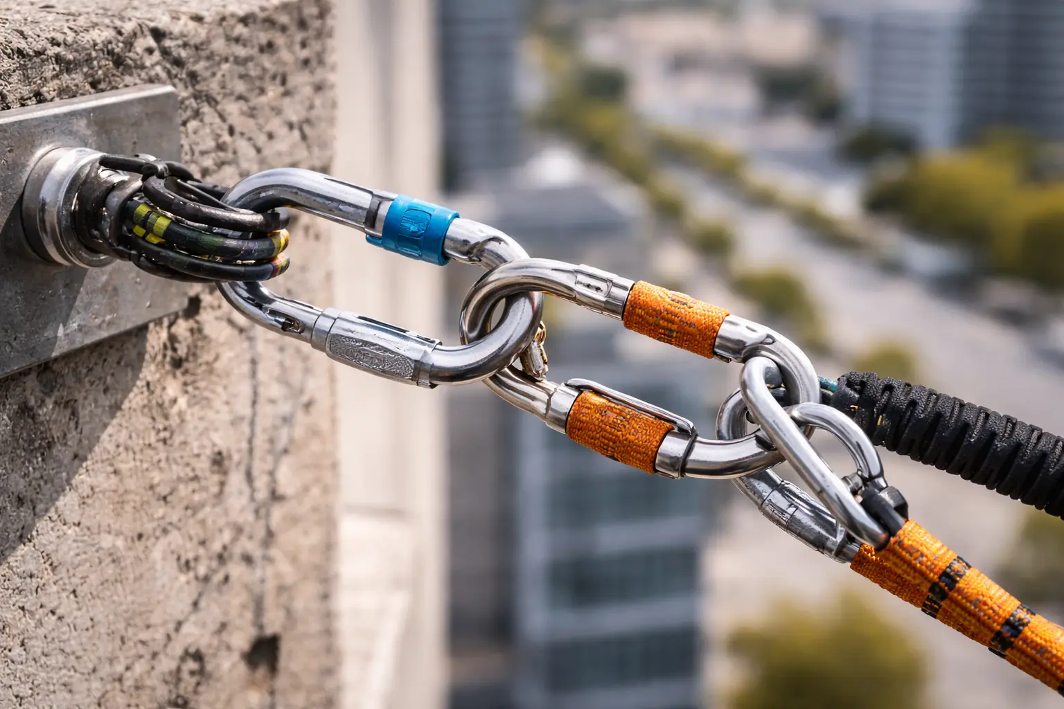 Detalle de un mosquetón de seguridad en uso